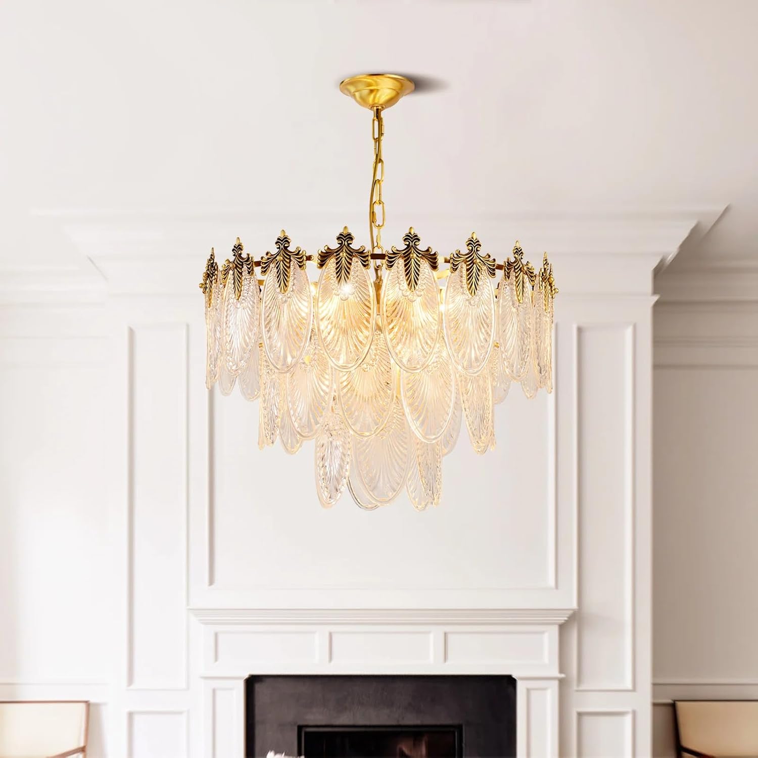 Modern Gold Crystal Chandelier 24'' Vintage Pendant Lighting with Glass Leaf Drum 8-Light Round French Raindrop Ceiling Light Fixture for Living Room Dining Room Bedroom Entryway Foyer