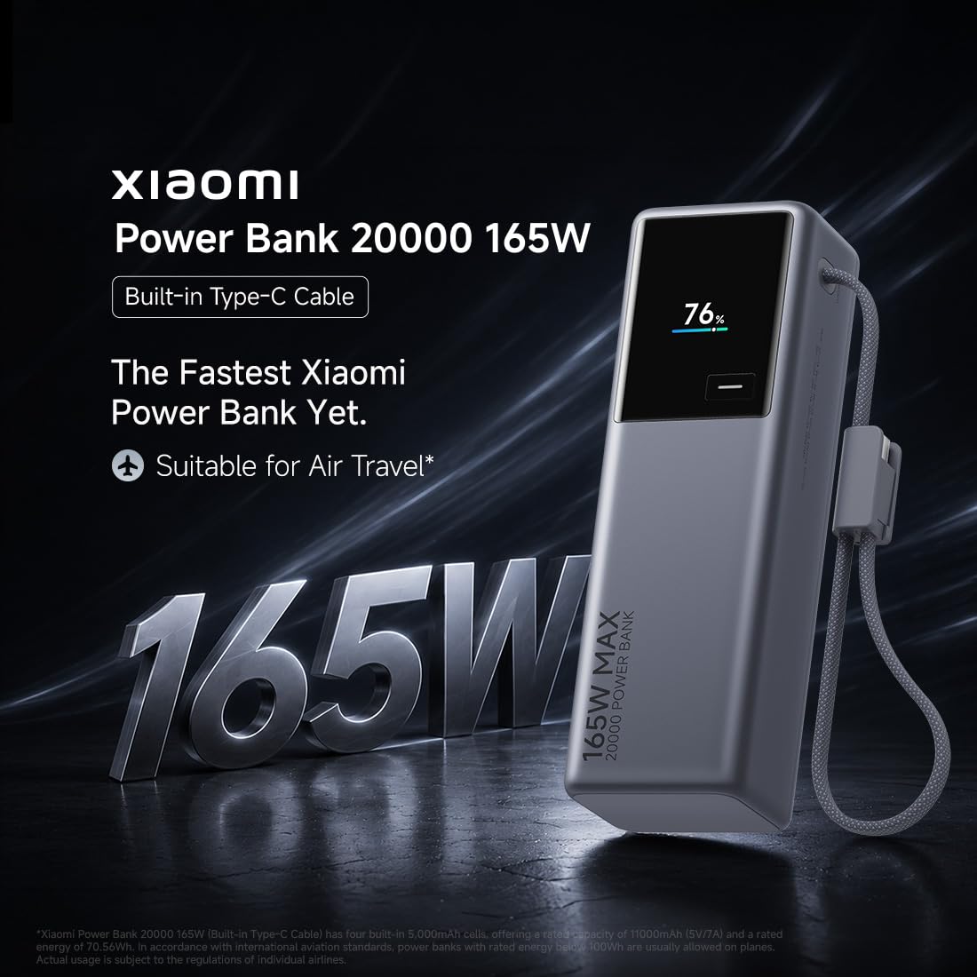 Xiaomi MI Power Bank 20000 165W Fast Charging|Built-in USB-C Cable|12Layer Protection|Digital Display|Triple Output|Charges Laptop,Tablet,Phone,Earbuds,Watch|Space Grey|2026 Sep Launch — Amazon image 2