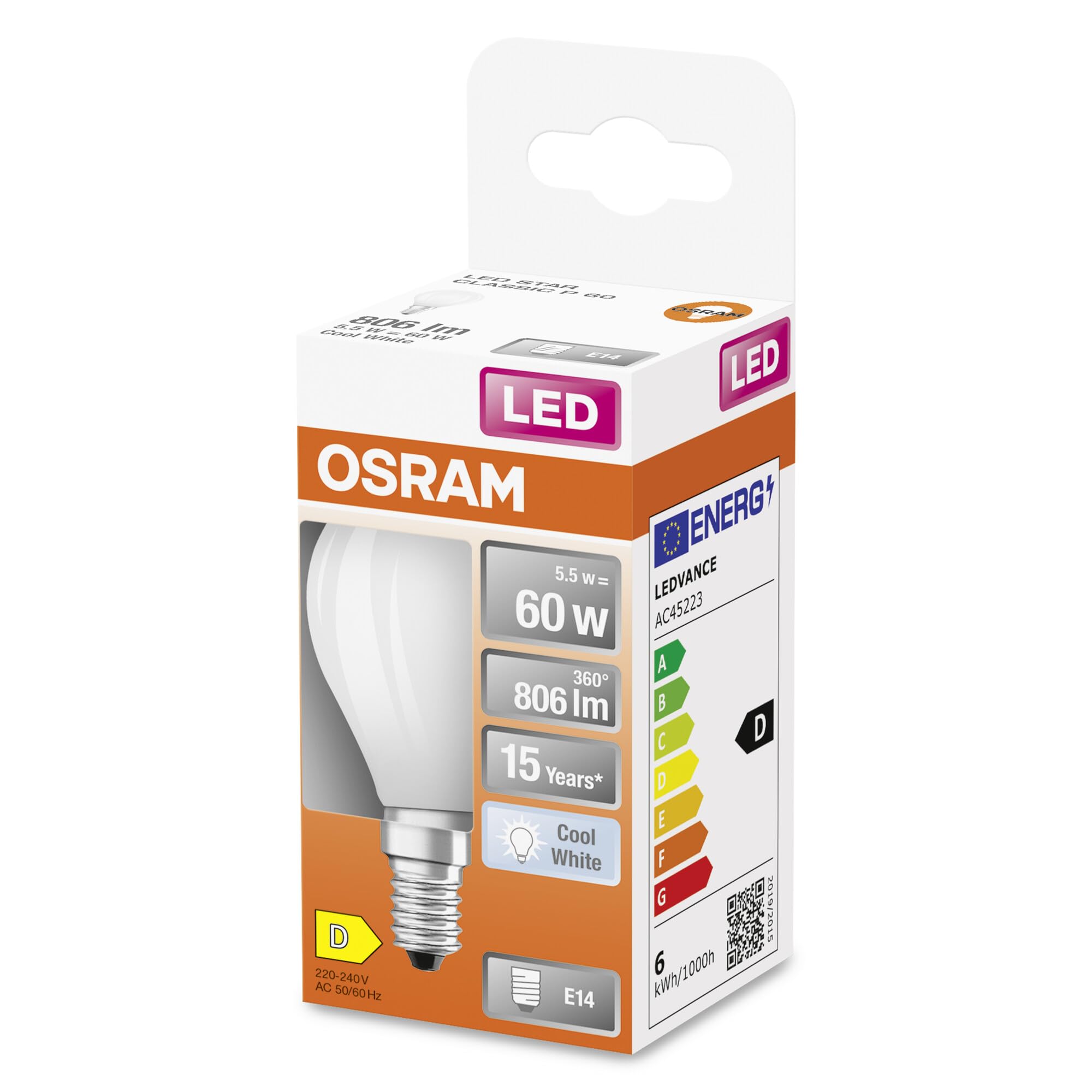 Osram LED Star Globe LED-Lampe in klassischer Miniballform, 5.5 W / 806 lm, 4000 K für kaltweißes Licht, CRI 80, aus gefrostetem bleifreiem Glas, E14 Sockel, IP20, EEK D, 45mm DM,6-Pack