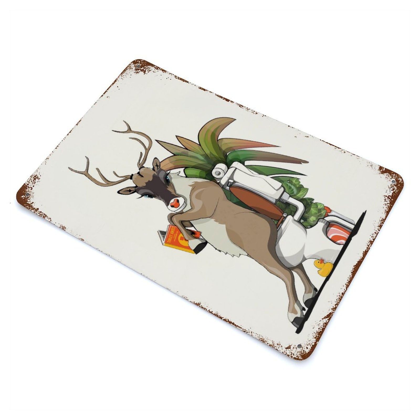 Reindeer Using Toilet Weathered Tin Sign 11.8"x7.9", Shabby Chic Decor for Garage, Pub Or Kitchen