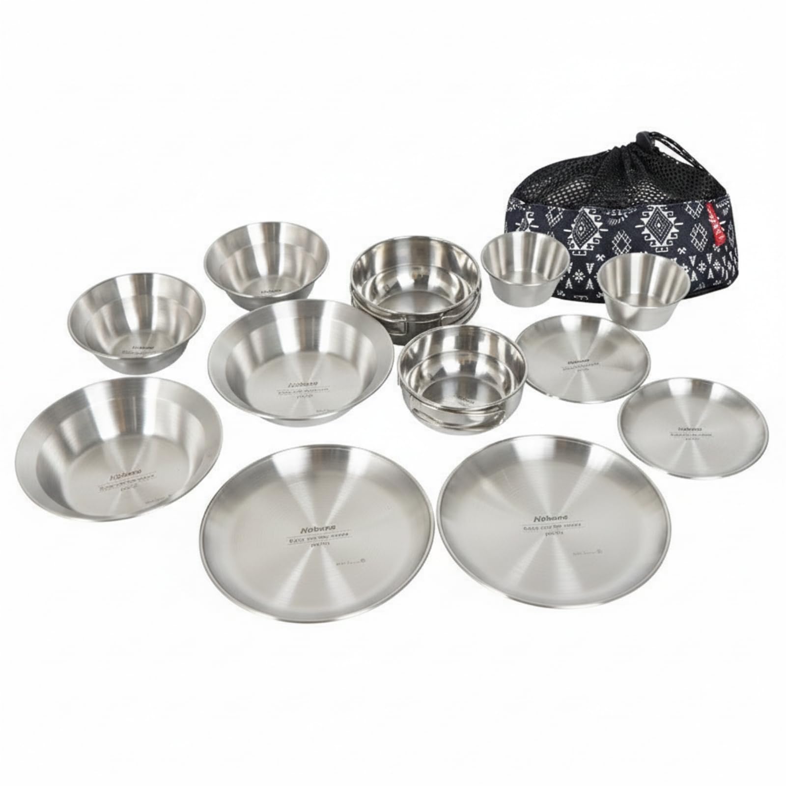 harayaa Vaisselle de Camping INOX Service Assiettes Bols Gobelets Kit Repas Extérieur Empilable Acier Inoxydable avec Pochette à Cordon Adaptée aux Excursions Plein Air Pique Nique Terrasse