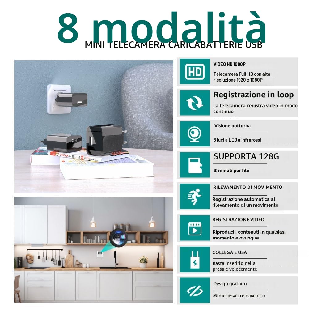 Mini Telecamera Spia nascosta 64GB Con Caricatore USB, 1080P HD, Con Rilevazione Di Movimento, Visione Notturna, Mini Telecamera Per La Sicurezza Di