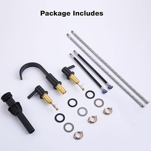 Miniatura 6 de TRUSTMI Grifo de baño negro mate con 2 manijas de 8 pulgadas extendido de 3 agujeros de latón con desagüe emergente de desbordamiento y líneas de