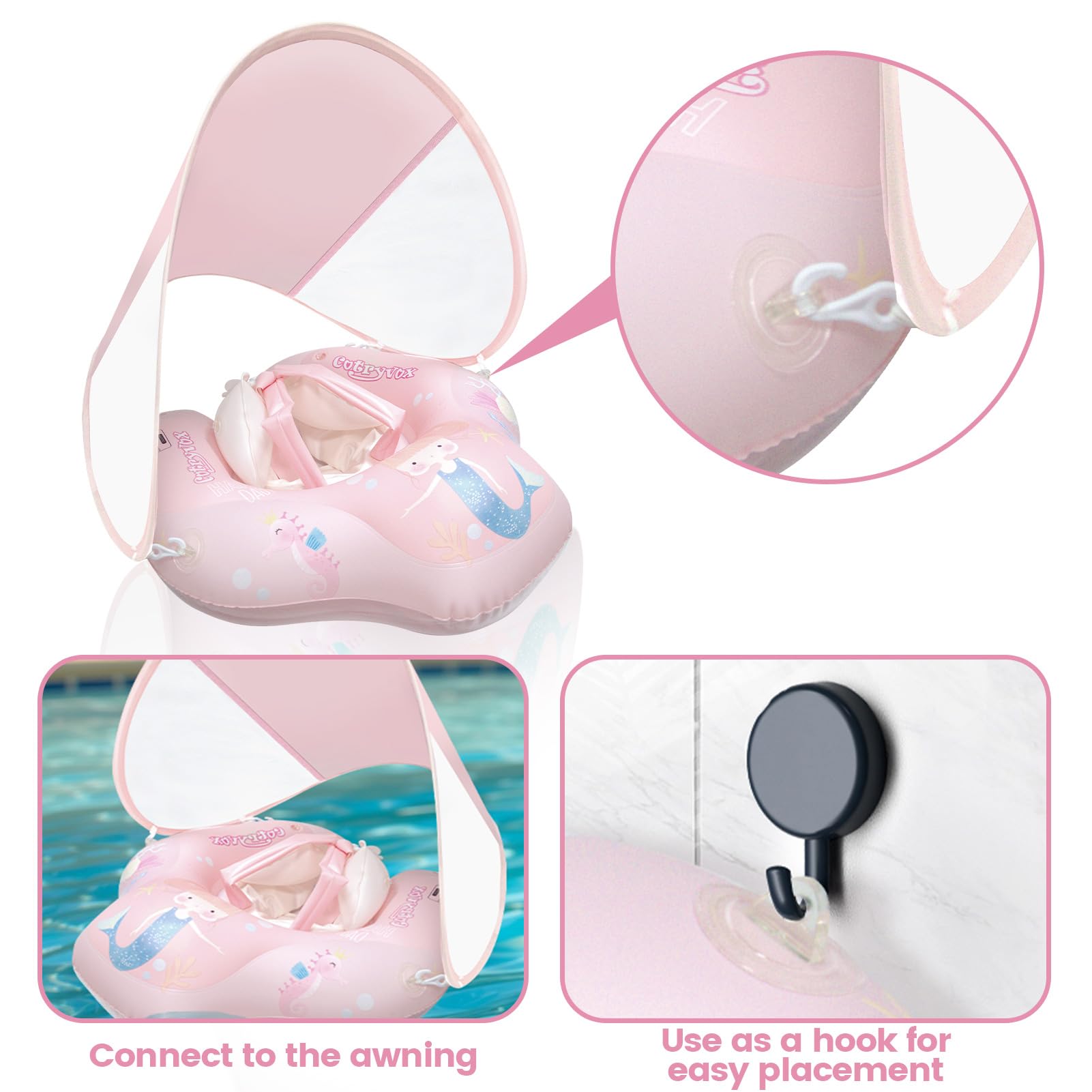 Baby Pool Float with Canopy,Pool Float for Toddlers 6-36 Month, Pink Infant Float,Baby Swim Float&Baby Swimming Float UPF50+ Sun Protection,Kids Floaties for Pool and Beach with Pump.
