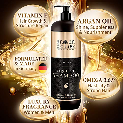 Foto von Argan Deluxe Shampoo in Friseur-Qualität 1000 ml - VERBESSERTE REZEPTUR - stark pflegend mit Arganöl für Geschmeidigkeit & Glanz - für Damen und Herren