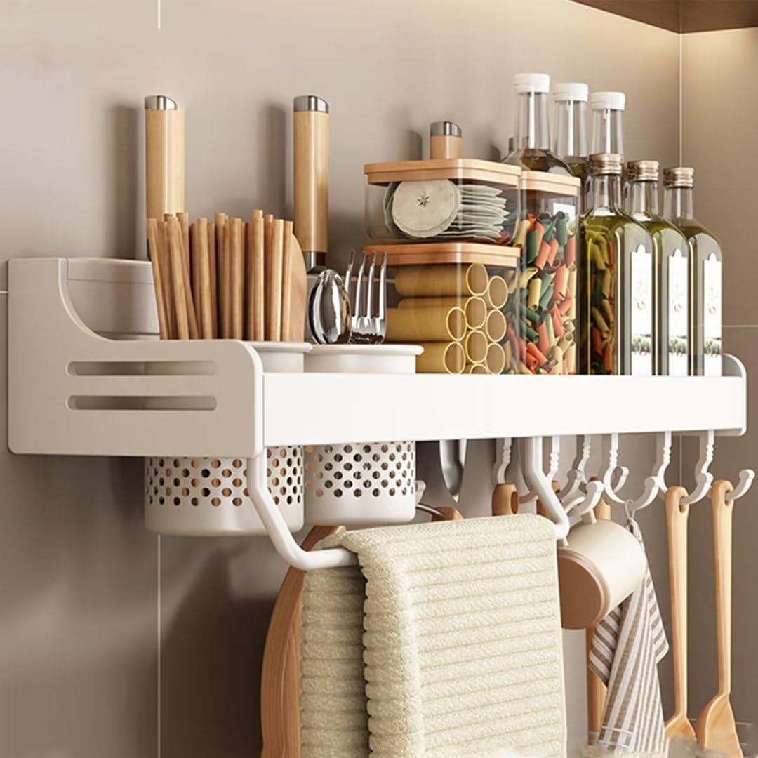 MYUYEE Spice Rack Wall Mounted, Kitchen Wall Shelf, Utensil Rack, Kitchen Shelf Organiser, Cutlery Holder Organiser, Spice Racks Multi-Purpose Suitable For Kitchens, Restaura(White-70Cm)