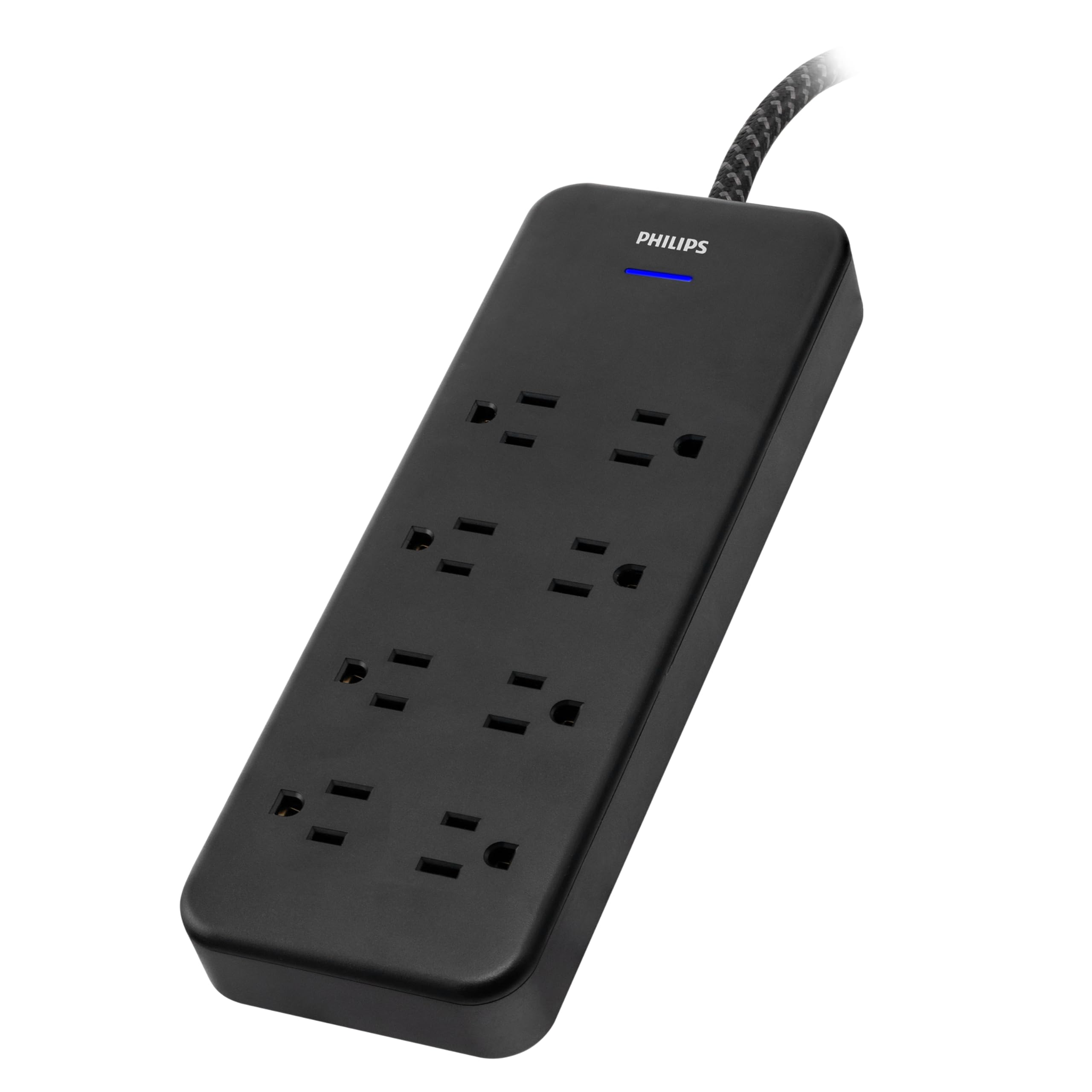 Philips EZFit 8-Outlet Surge Protector Power Strip, 8 Ft Braided Extension Cord, Widely Spaced Outlets, Flat Plug, for Home Office Dorm Essentials, 2160 Joules, Black, SPP3673B/37