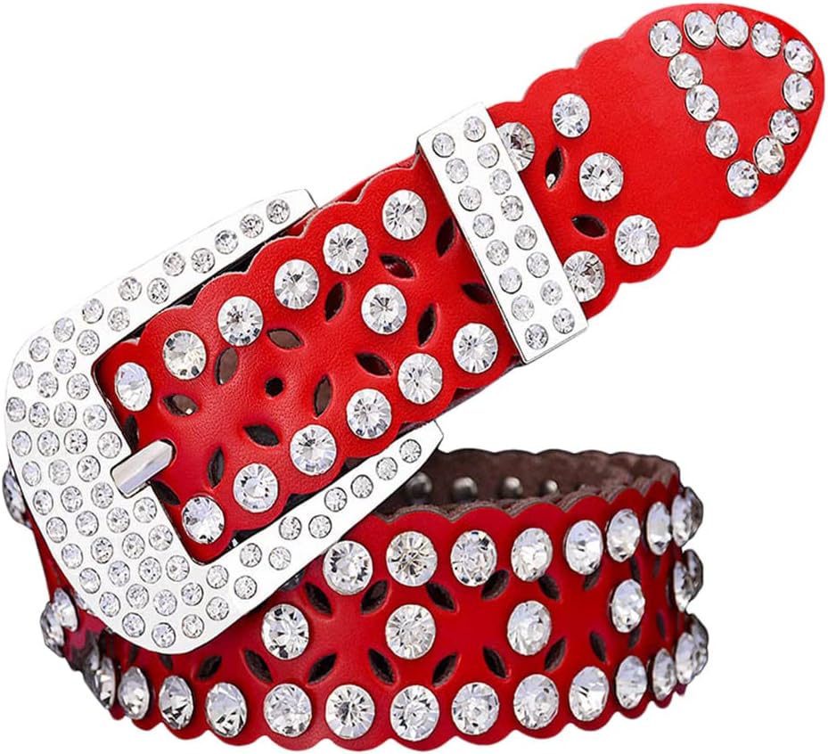 Rhinestone Genuine Leather Belts For Women, Luxury Pin Buckle Cow Skin Waist Strap Belt