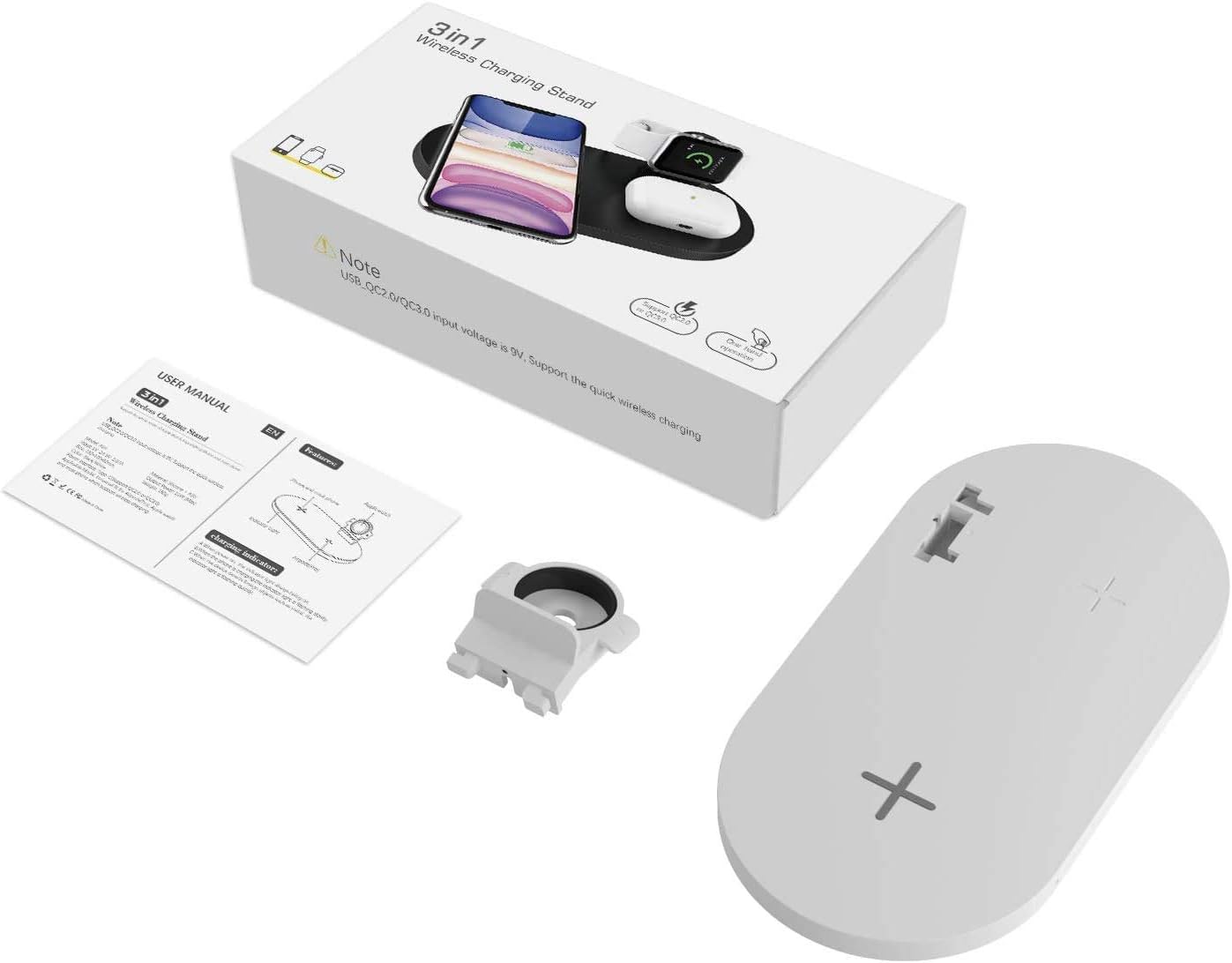 Buу 2 gеt 3 Seacosmo Wireless Charger, 3 in 1 Qi-Certified Fast Charging Station Dock for iPhone/Samsung Phones, Airpods 2 3, Nightstand Mode Docking Station for iWatch Series (Exclusive of iWatch Cable), White