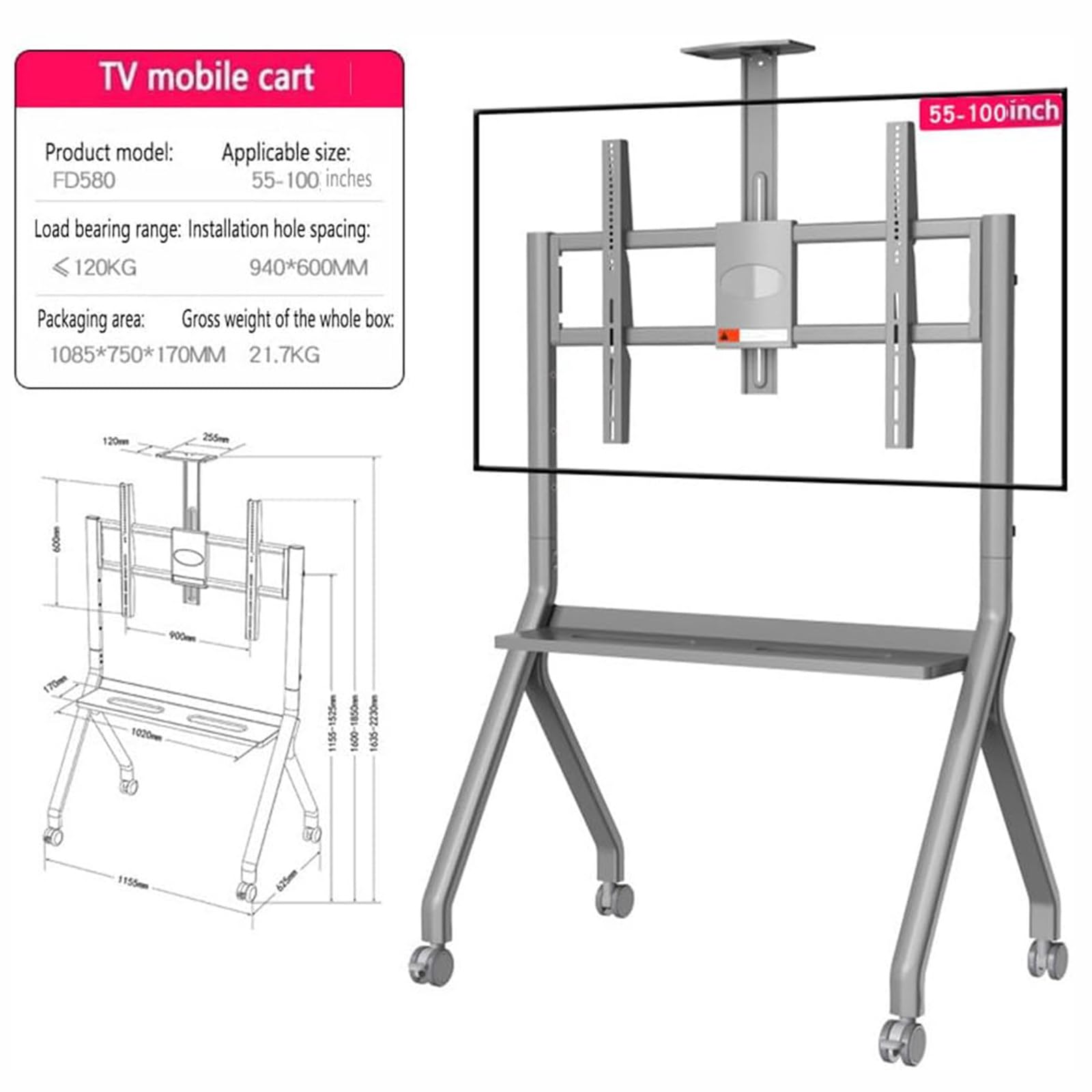 Mobiler TV-Ständer auf Rollen – Smartboard-Halterung für 47–75 Zoll / 55–100 Zoll interaktive Whiteboards; TV-Bodenständer für Büro, Klassenzimmer und Zuhause White-55-100inch