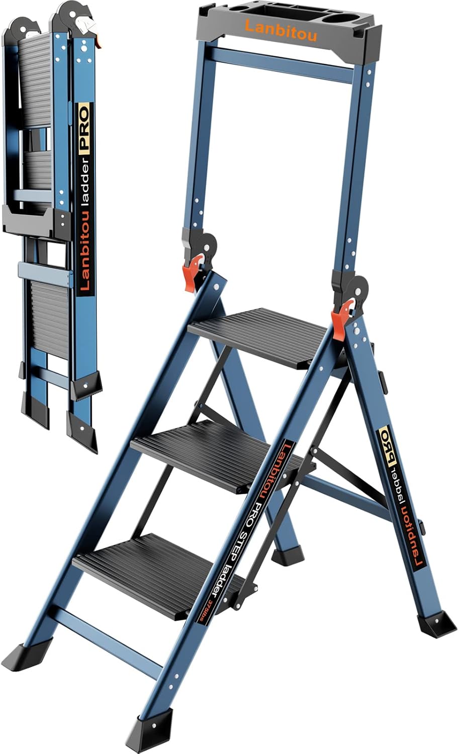 Ladder Pro 3 Step Ladder with Handrails, Aluminum Heavy Duty Ladder, Wide Step & Anti-Slip Feet, Lightweight Portable, Folding Storage Ladders for Home Family Indoor RV Kitchen