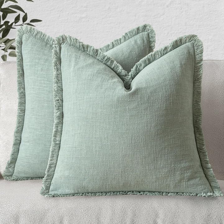 Image of MIULEE Decorative Throw Pillow Covers Neutral Linen Fringe Throw Pillows Set of 2 Aqua Green Boho Farmhouse Cushion Covers with Tassels for Couch Sofa Bed Living Room Spring Home Decor 20x20 Inch