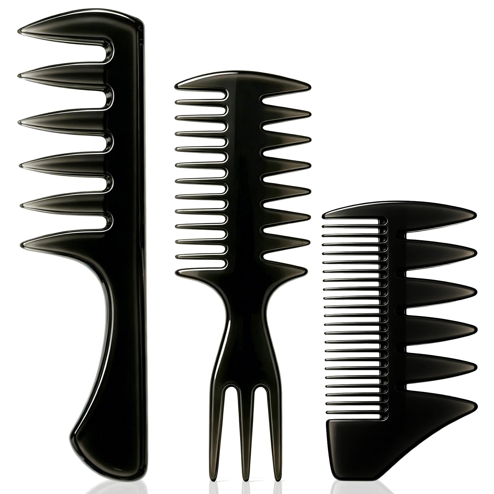 3Pcs Hair Styling Combs Set for Men – Black Barber Wide Tooth Texture Comb for Quiff, Pompadour, Slick Back, Fauxhawk, Undercut – Fish Tail Bone Design Dual-Sided Grooming Kit