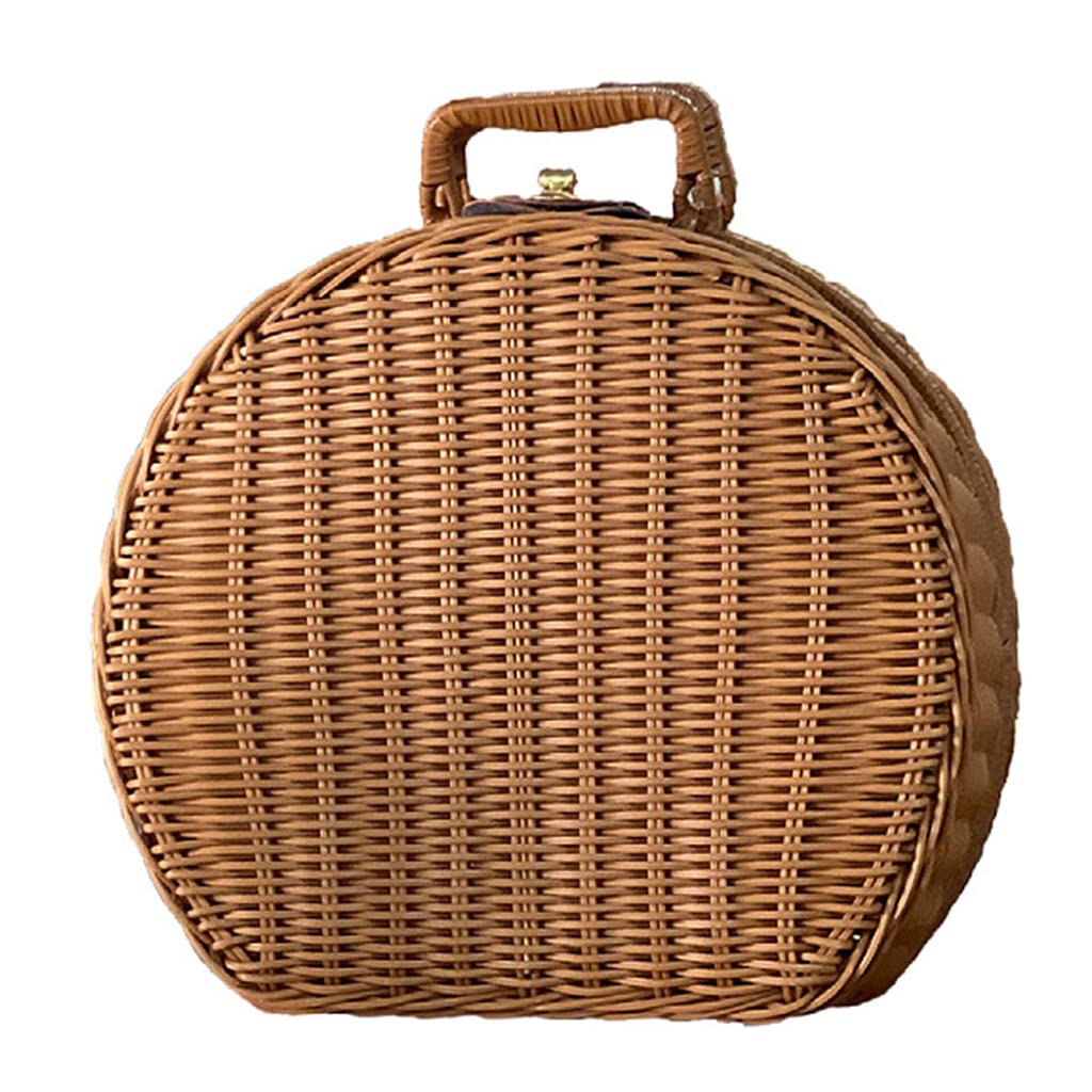 Lanchen Handwoven Picnic Basket Storage Box With Handles Wicker Handbag Suitcase Vintage