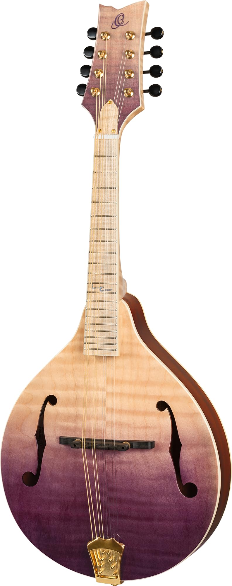 Ortega Mandoline im A-Stil, Oberseite aus massivem geflammtem Ahorn, mit Deluxe-Etui, transparentes violettes Verblassen (RMA200PF)