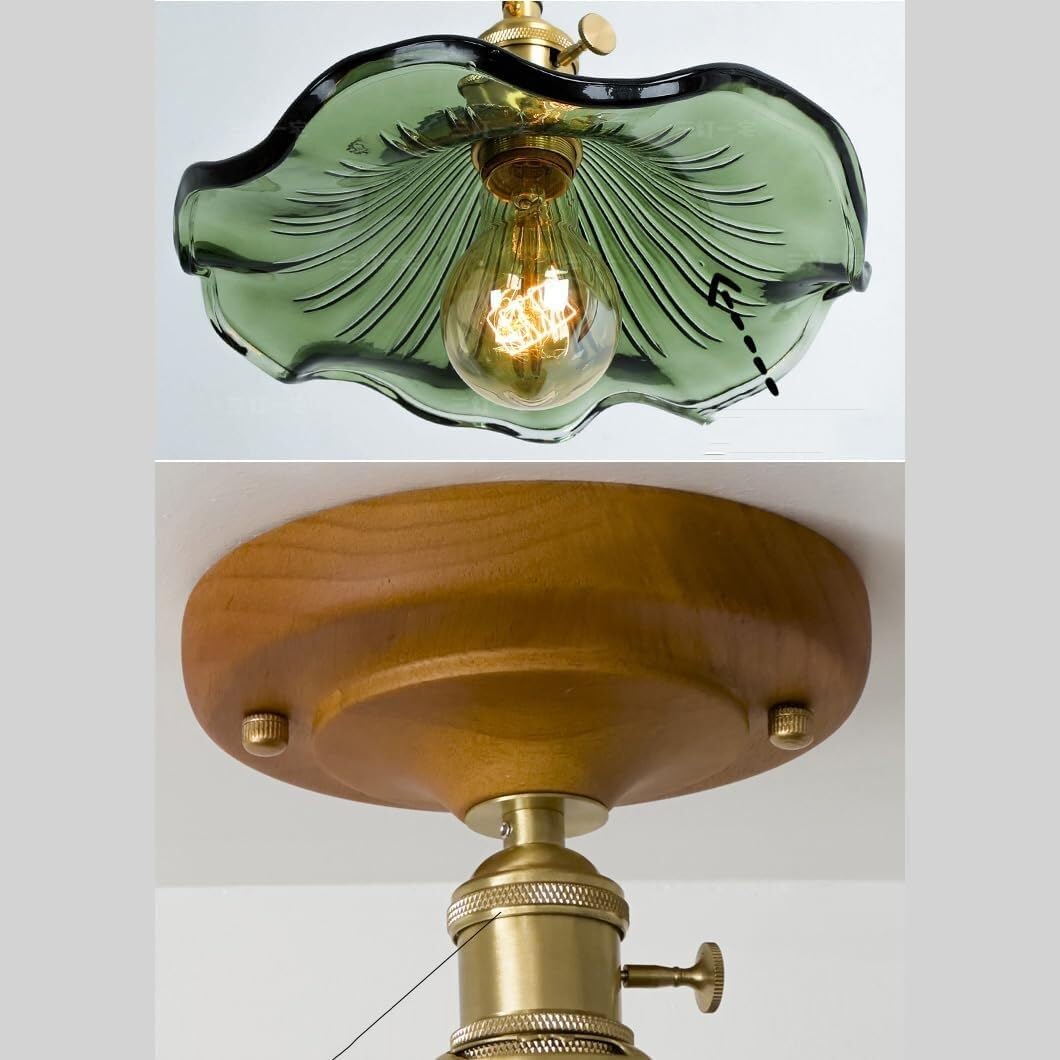 Green Glass Ceiling Light Flush Flower Ceiling Lamp Mid Century Modern Hallway Ceiling Light Fixture Gold Amber Glass Floral Close to Ceiling Light for Bedroom Office Stairs Hotel Living Room