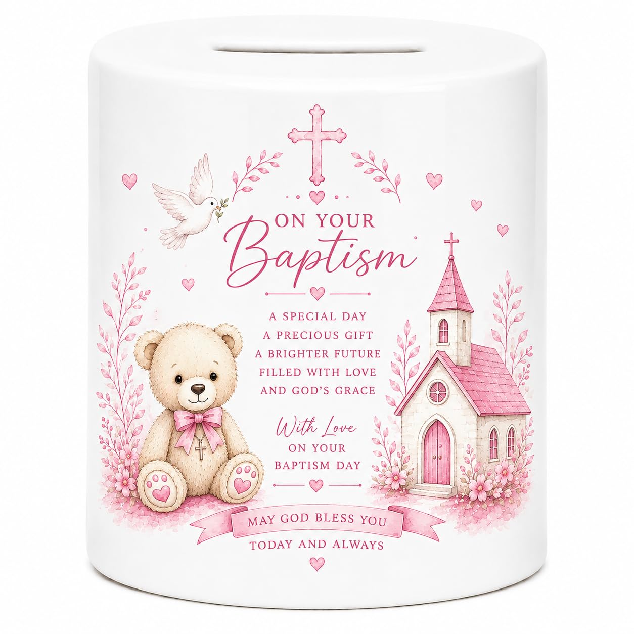 Pink Baptism Money Box | Ceramic Religious Keepsake Gift for Girls | Teddy Bear Savings Bank