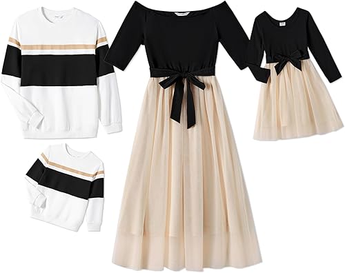 PATPAT Conjuntos familiares a juego con falda y capucha con hombros descubiertos Vestidos para mamá y yo, conjuntos amarillos para parejas de manga