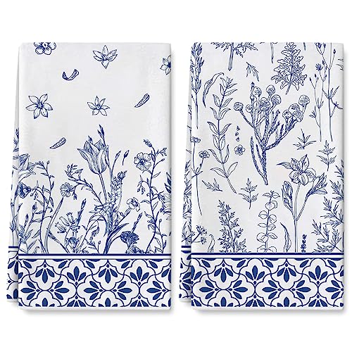 AnyDesign Blue White Wildflower Kitchen Towel 18 x 28 Inch Blue Herb Sage Dishcloth Wild Plants Decorative Hand Drying Tea Towel for Home Kitchen Cooking Baking Cleaning, 2Pcs