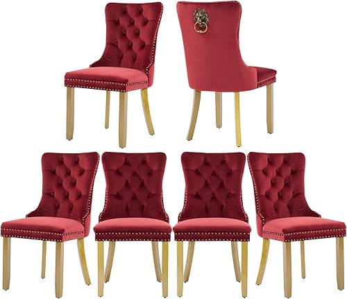 Miniatura 97 de Juego de 6 sillas de comedor marrones, sillas de comedor tapizadas con tela de lino acolchada con capitoné, con respaldo alto, ribete de tachuelas y