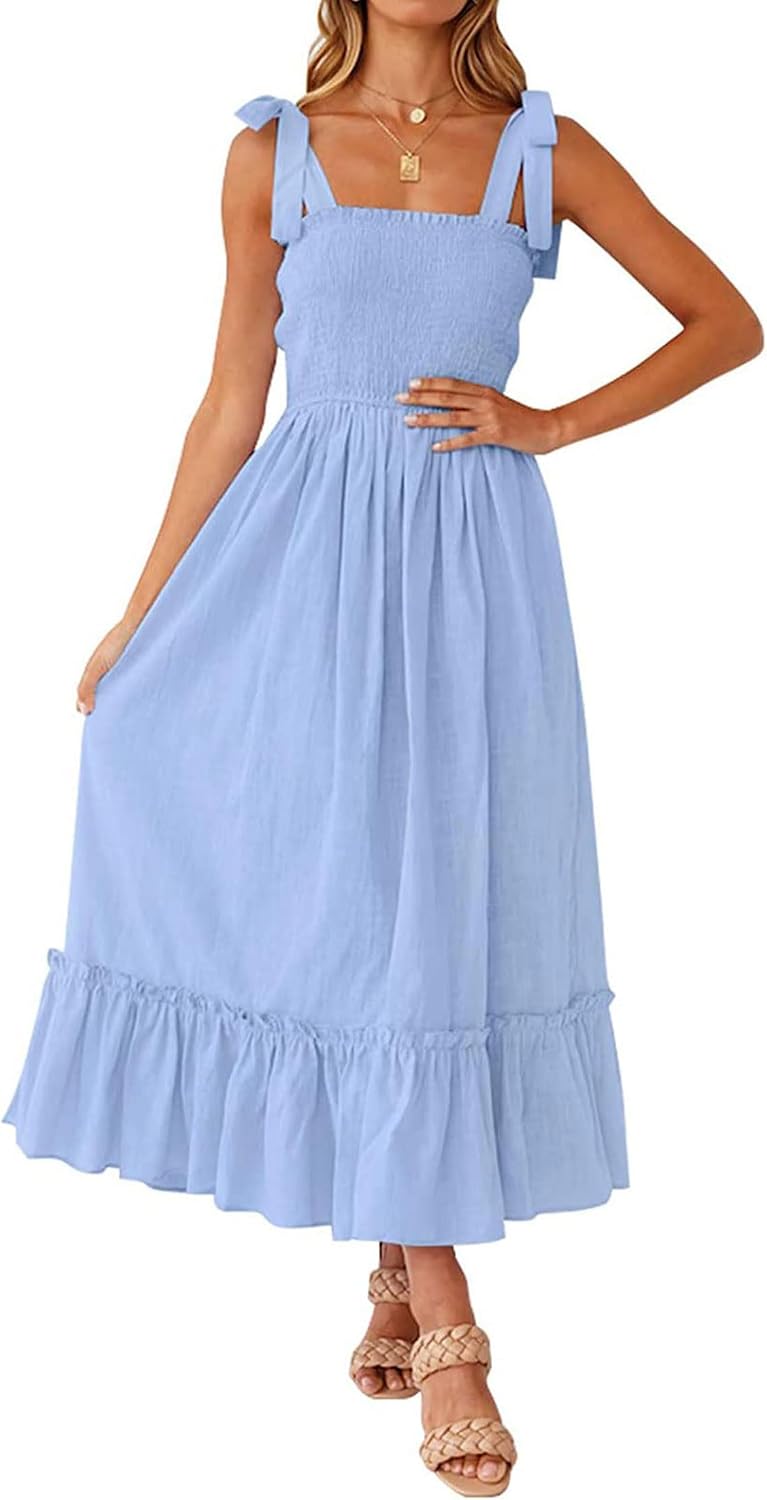 Tobrief Women's Boho Dress Summer Spaghetti Strap Square Neck Flowy Ruffle Beach Long Maxi Dress
