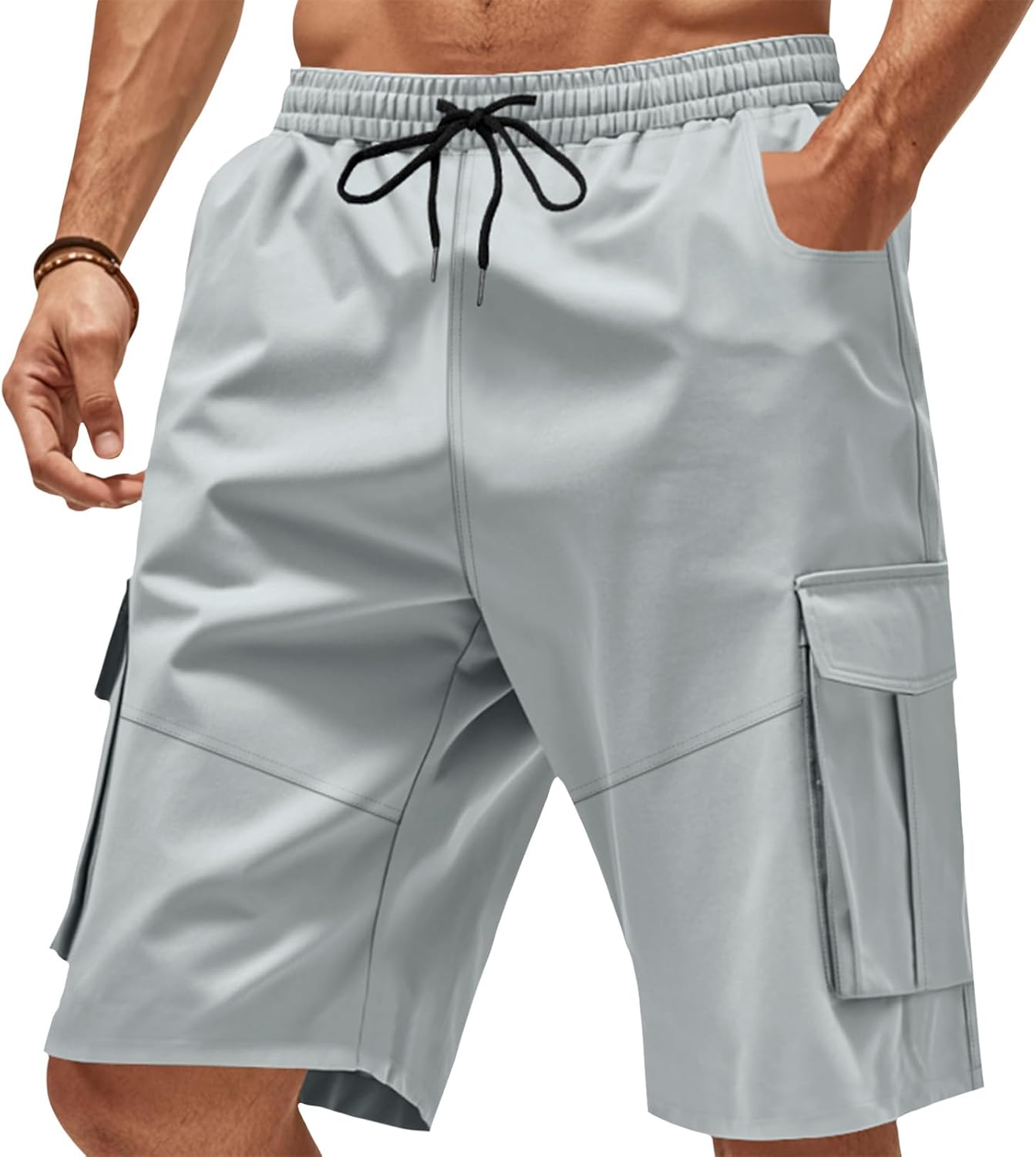 Men's Classic Cargo Shorts Casual Drawstring Elastic Waist Work Short with Multi Pockets Camping Outfits