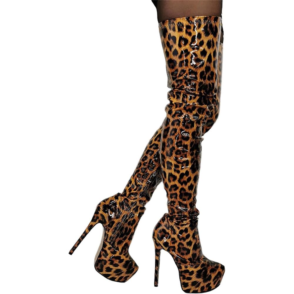 Sponyborty Women's F Ashion Leopard Overknee Boots Sexy Platform Thigh High Boots Etish High Heels Stripper Club Show Pumps Shoes High/F/39Eu