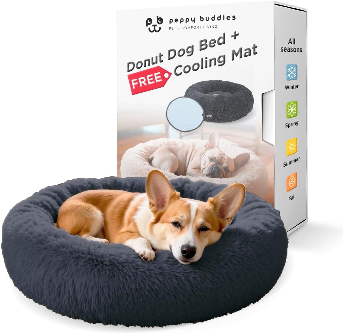 Donut Dog Bed + Removable Cooling mat, Calming Dog Bed Washable Ideal for Small to Large Dogs and Cats & Round Dog Bed, Multiple Sizes (Blue, Combo Medium (30″ L x 30″ W x 8″ Th))