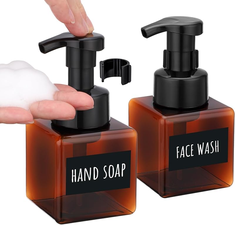 Segbeauty 8.5oz Foam Amber Soap Dispenser Set, 2pcs Refillable Foaming Shampoo Bottle with Pump, 250ml Square Bathroom Body Wash Bottles Foamer with Labels, Small Plastic Liquid Soap Dispenser Kitchen