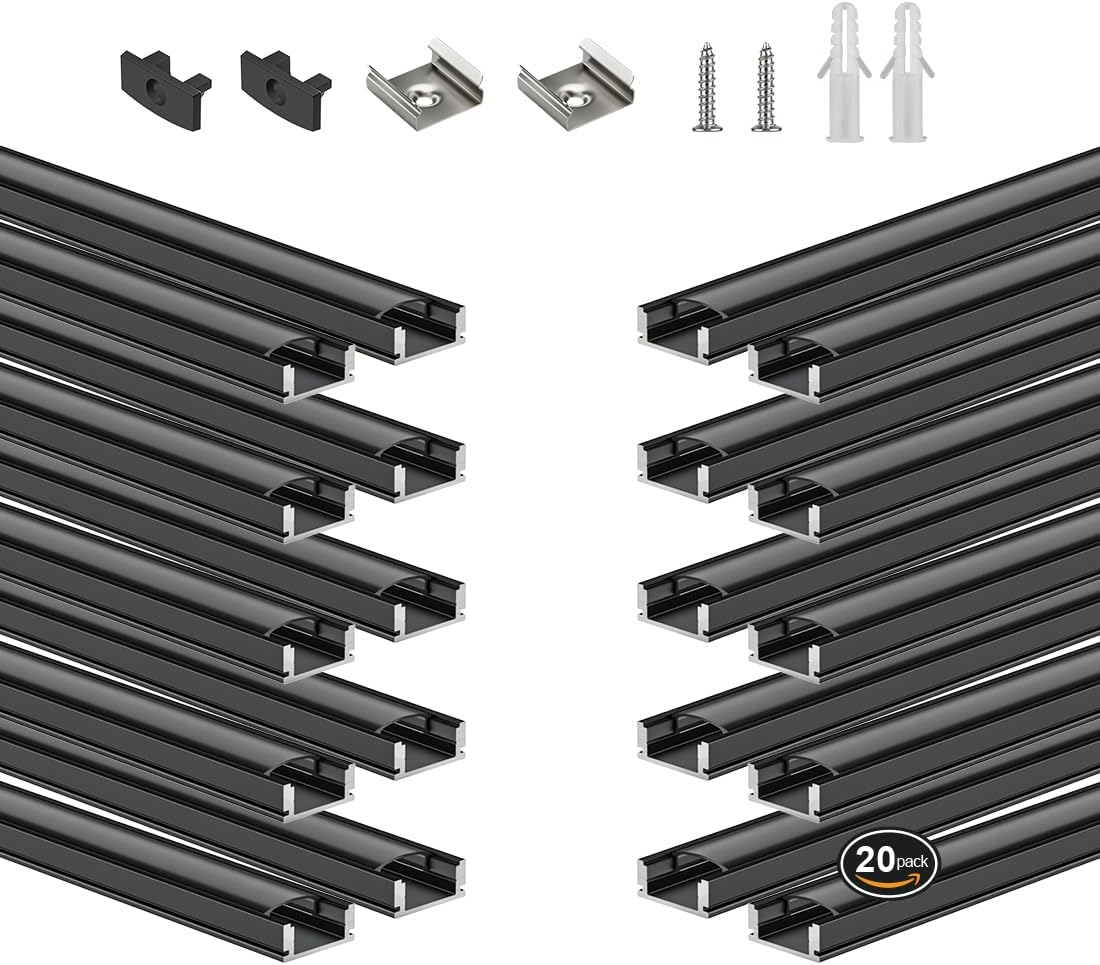 20-pack U-shape black LED aluminum channels with mounting accessories