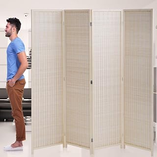 DKELI 4 Panel Bamboo Room Divider 72 Inch High Folding Privacy Screen - Handwoven Natural Wood Freestanding Partition for Bedroom Living Room