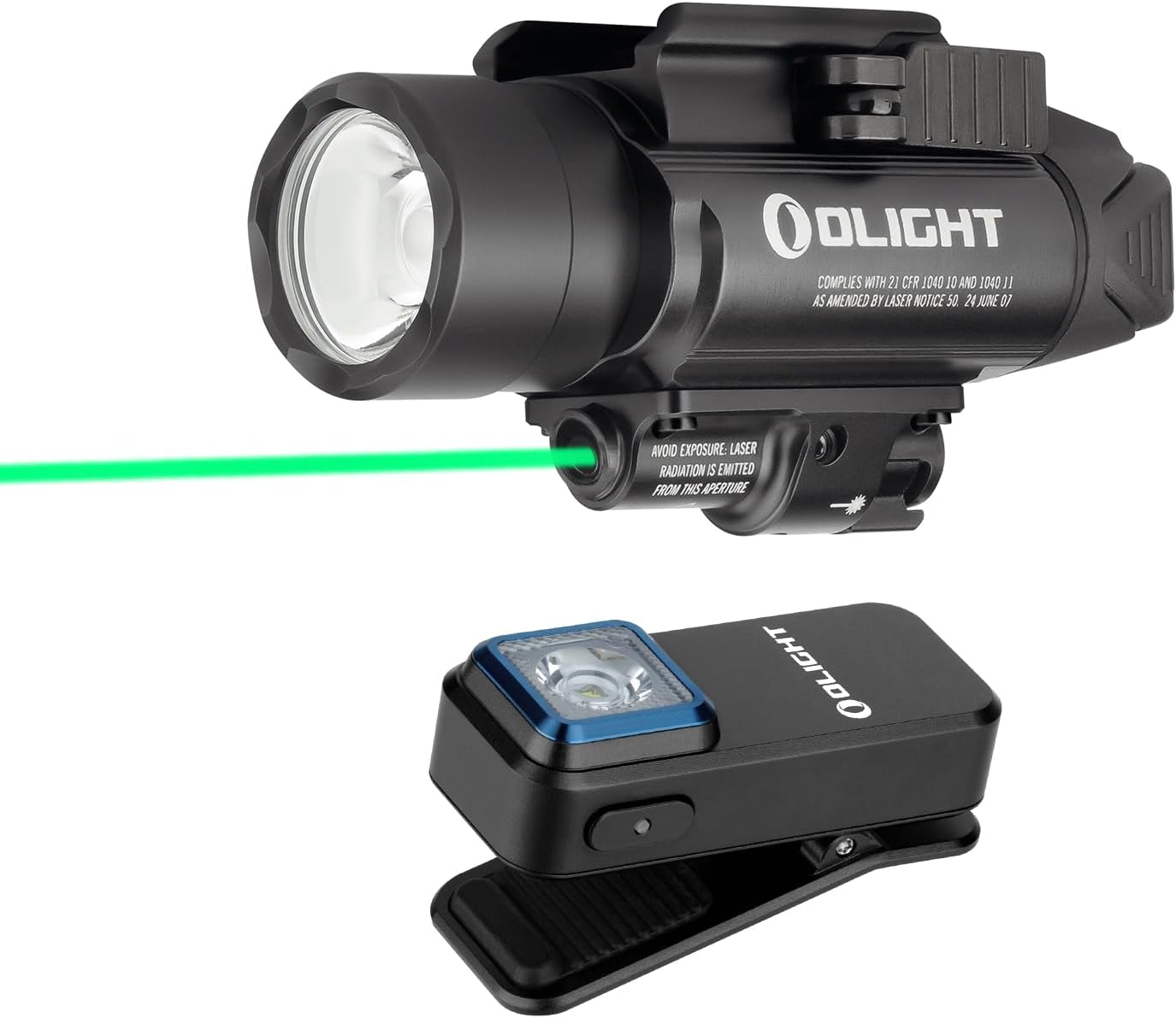 OLIGHT Baldr Pro 1350 Lumens Tactical Weaponlight with Green Light and White LED Bundle Oclip Rechargeable EDC Flashlight 300 Lumens Dual Light Sources Compact Pocket Clip Light