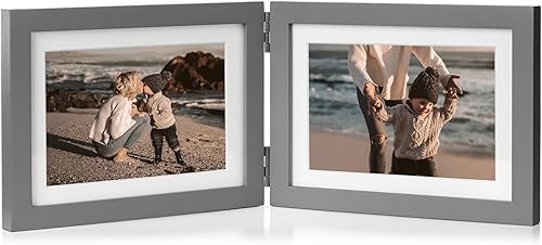 P-HUI-2H57 - Marco de fotos plegable de madera con bisagras horizontales dobles de 5 x 7 pulgadas con frente de cristal real en color gris para