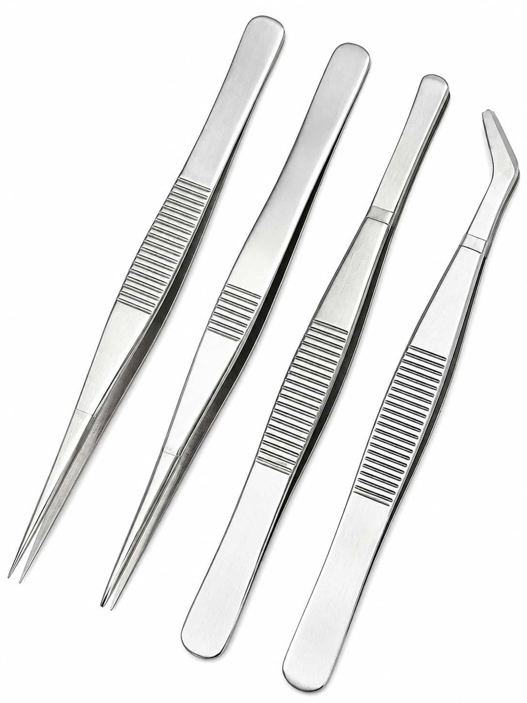 Kit de Pinças Profissionais de Aço Inoxidável Prata 4 Peças | Retas e Anguladas, 14,5 cm,