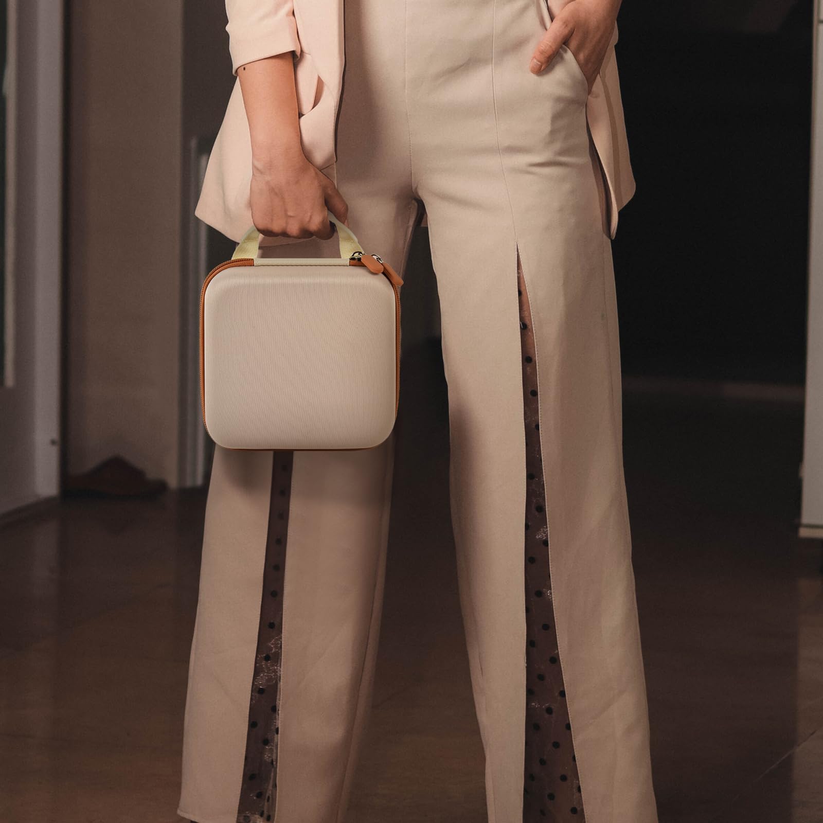 ALKOO Case Compatible with NIIMBOT B21 / Pro / B1 Label Maker Wireless Thermal Label Printer, Holder for Inkless Label Maker & Labeling Tapes Refills, with Mesh Pocket for Cable Accessories (Beige)