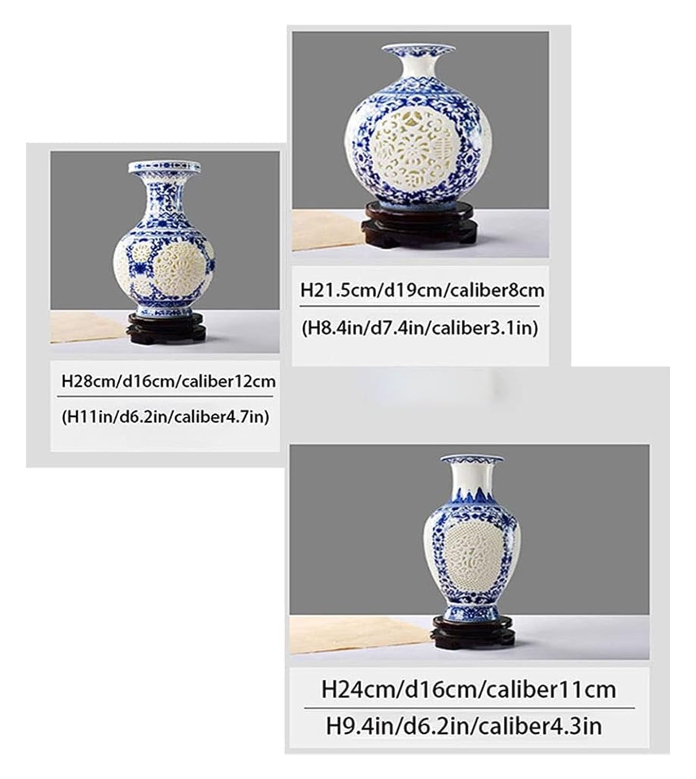 Vase Tischvase Vase Keramik handgefertigt hohl geschnitzt blau und weiß Porzellan Klassische Vase inklusive Sockel Blumenvase 28cm(