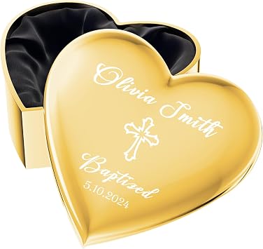 iDIY Personalized Jewelry Box for Girls-Heart Shaped Jewelry Keepsake Box with Cross, Name and Date, Girls Baptism Gift, Baby Girl Baptism Gifts,Silver and Gold Color