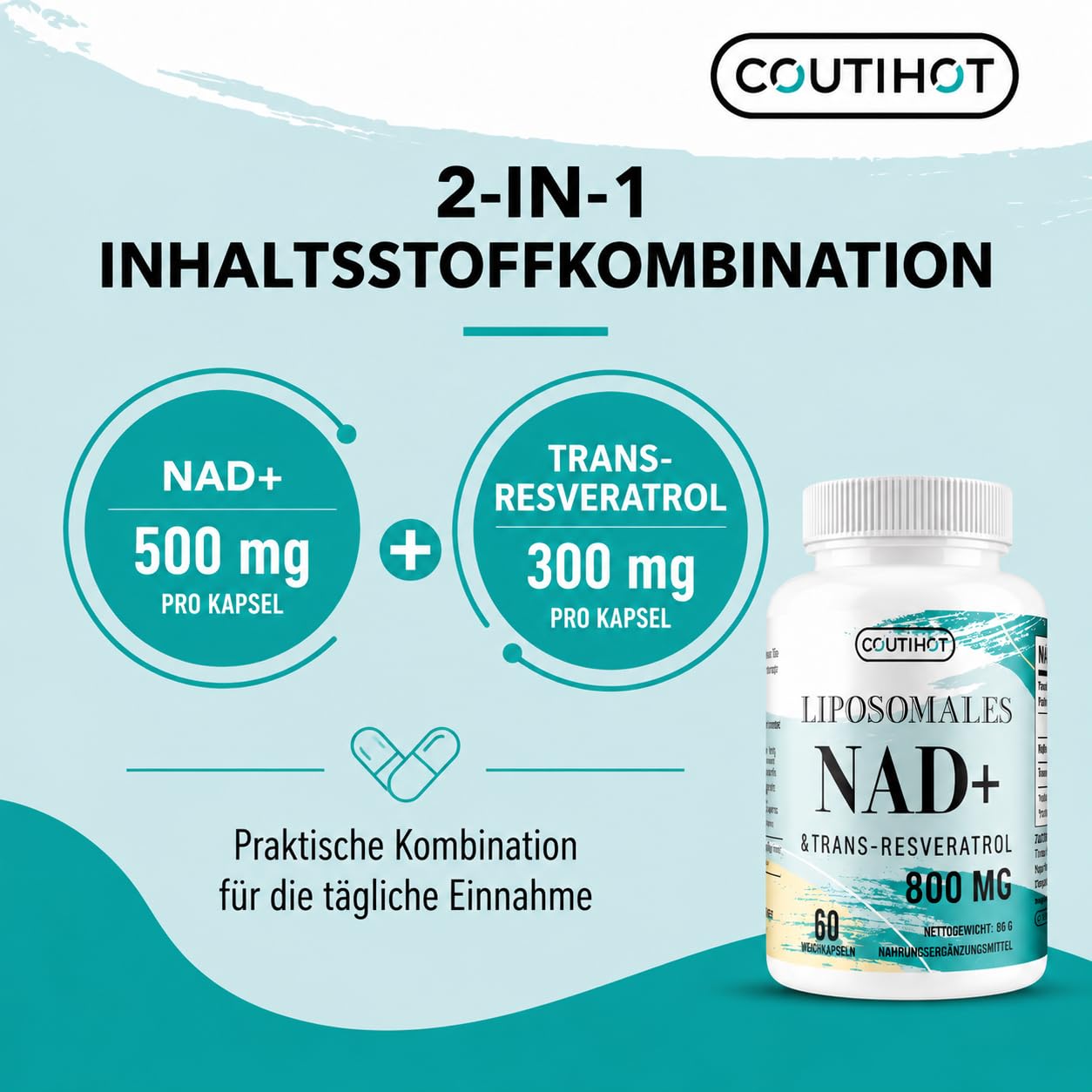 Liposomales NAD+ mit Trans-Resveratrol | Hochdosiert 800 mg pro Portion | 60 Softgels – Liposomale Technologie für effiziente Aufnahme & Premium Reinheit (60 stück (1er Pack))