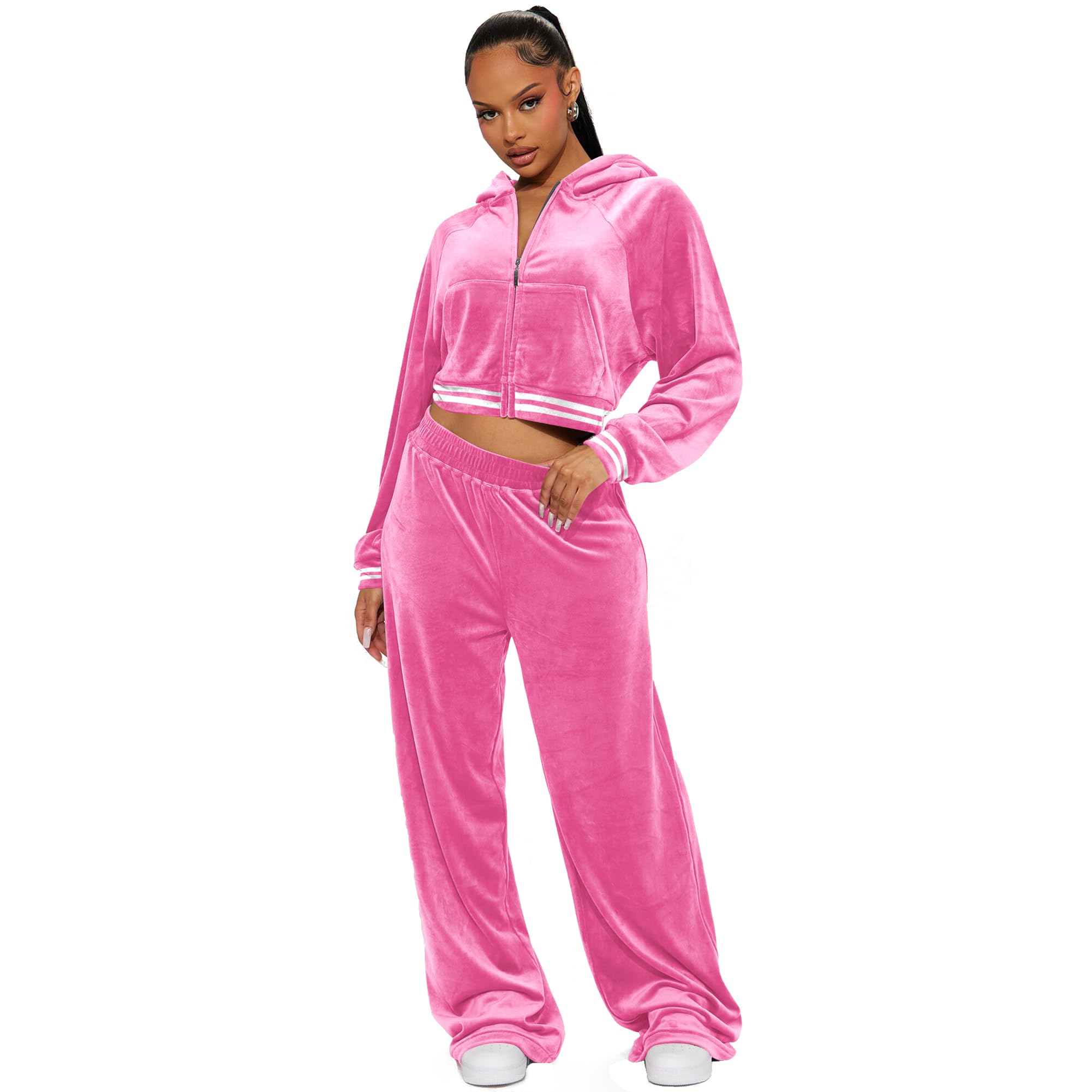 yidengymx Womens 2 Piece Velour Tracksuit Two Piece Soft Velvet Hooded Outfits for Women Hoodie/Wide Leg Pants-pink Large