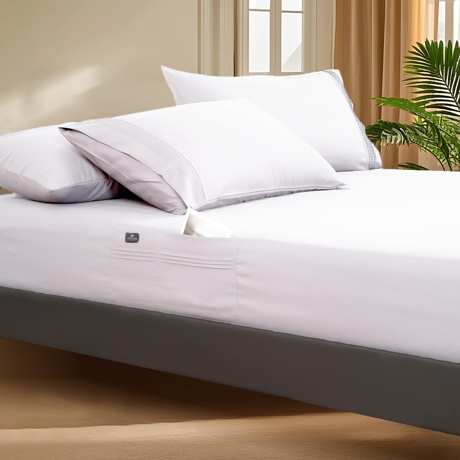 Photo 1 of Popfavor Deep Pocket Twin XL Fitted Sheet with Straps - Fits Mattresses Up to 21" Thick - 2 Piece Bed Sheets - Moisture Wicking, Cooling & Soft Fitted Sheet & Pillow Cases (White)