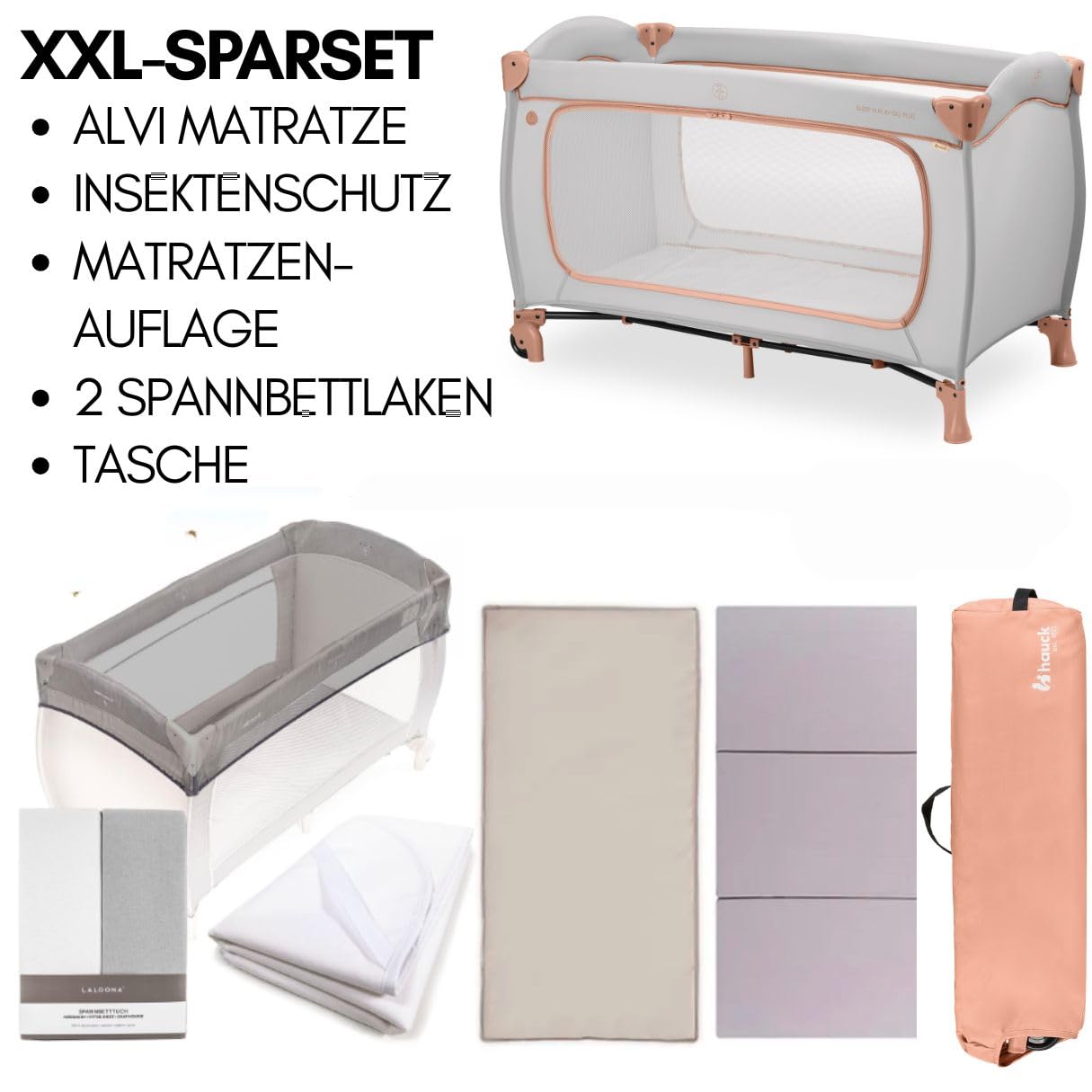 hauck Kinderreisebett Sleep N Play Go Plus XXL-Set – inkl. Matratze, Spannbettlaken, Insektenschutz & wasserdichter Betteinlage – faltbares Babyreisebett – Dusty Cork