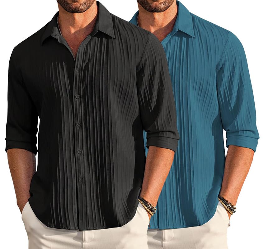 Image of DEELMO Combo of Men's Casual Button Down Shirts Long Sleeve Linen Shirt Fashion Textured Summer Shirts Pack of 2