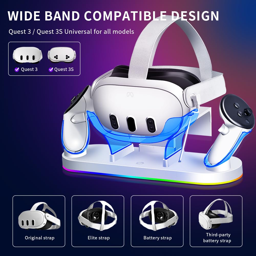 Station de Charge Rapide 18W RGB pour Meta Quest 3/3S, avec 2 Batteries Rechargeables, 8 Modes de Lumière LED, Accessoire de Charge USB-C pour Oculus/Meta Quest 3/3S, Compatible avec Strap Eli
