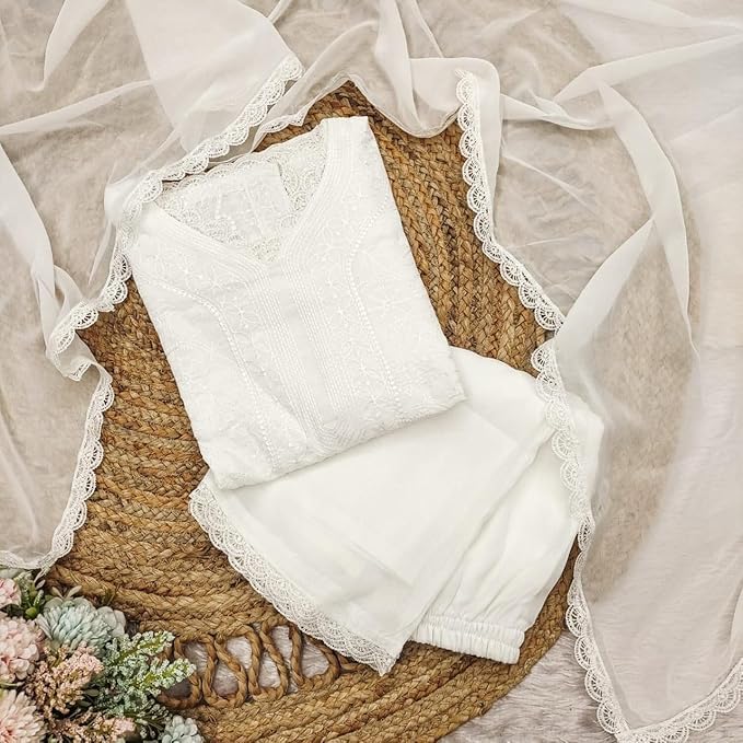 Image of Women's Chikankari Embroidered 3 Piece Suit Set in Faux Georgette - Long Gown Style Kurta with Lining with Dupatta