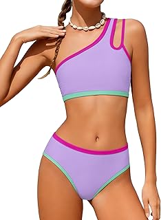 Redair Girls Swimsuit Two Piece One Shoulder Bathing Suit with Chest Pad Color Block
