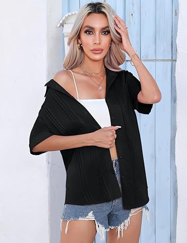 Miniatura 4 de VVK Camisas de lino y algodón de manga corta para mujer, estilo casual, cuello en V, plisadas, blusas casuales