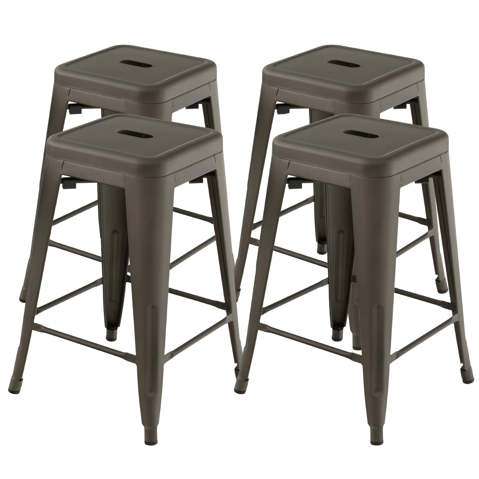 COSTWAY Set of 4 Metal Stacking Stools, Square Nesting Bar Stool with Handing Hole & Footrest, Breakfast Dining Seating Chair for Home Kitchen, Support up to 150kg (61cm Tall no Backrest, Gun)