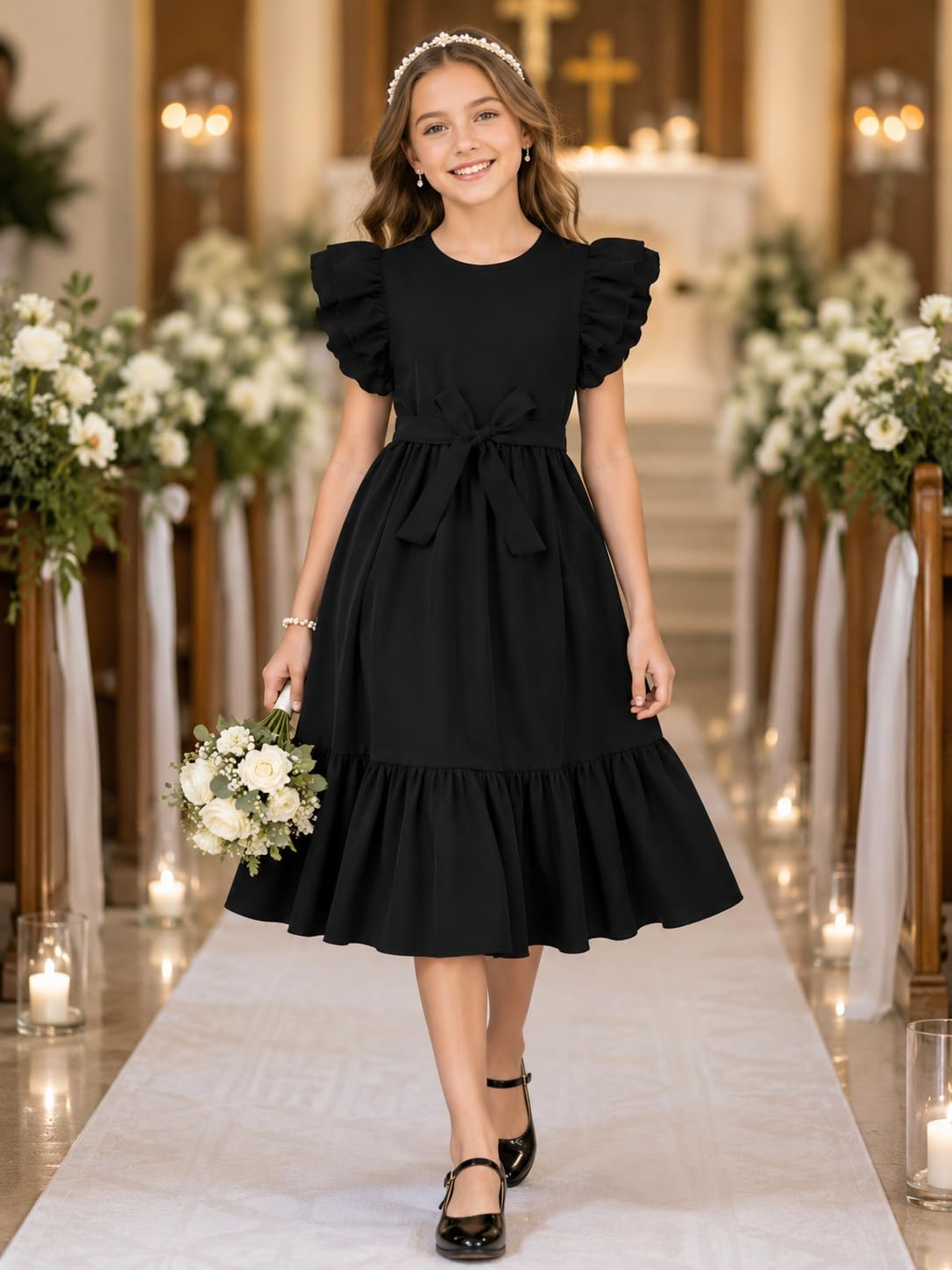 Girls Dresses Double Layer Ruffle Sleeve Dress Casual Summer Elegant A-Line Flowy Dresses 6-14 Years