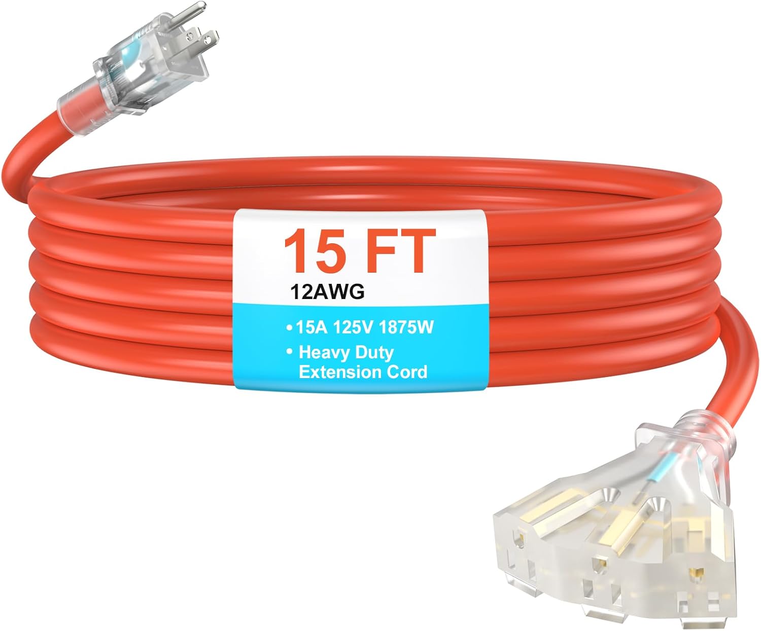 HITRENDS 15FT 12 Gauge Heavy Duty Extension Cord, 3 Outlet Outdoor Power Cord with Lighted Ends, 15A 1875W SJTW Weatherproof Cord for Garage, Garden, Workshop & Holiday Decorations, Red, ETL Listed