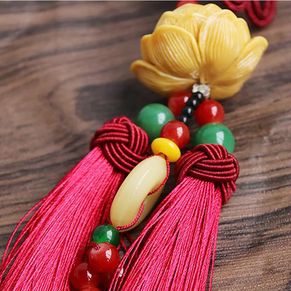 Lotus Flower Car Hanging Ornament With Chinese Fu Character - Wood & Rope Rearview Mirror Decoration For Good Fortune